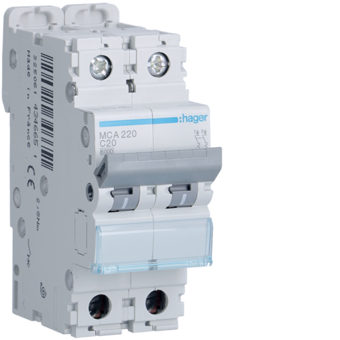 [HAGMCA220] HAGER STROOMONDERBREKER  6KA - C - 2P - 20A - 2M.